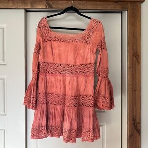 Free People Size 10 Pink Mini Dress Crochet Detail Festival Boho